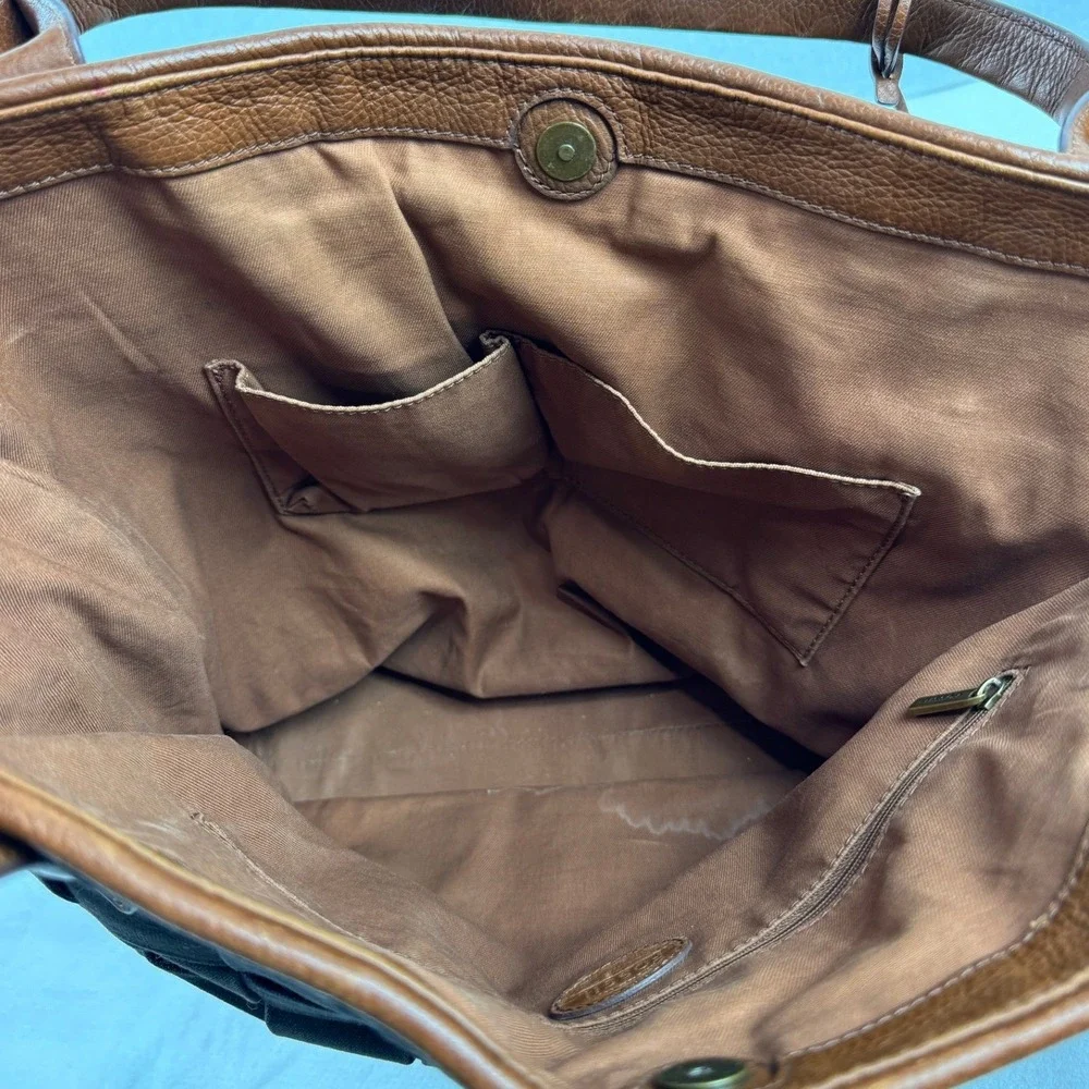 Fossil Woven Canvas Tote Bag Black Brown Leather Trim Shoulder Bag Key Fob